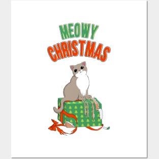 Meowy Christmas Cat Clawed Present Posters and Art